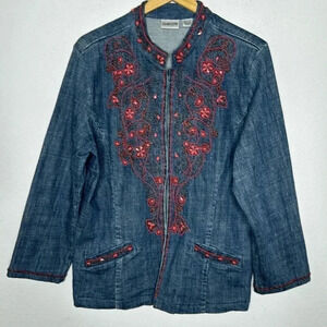 Chico’s beaded jean jacket size 2 in medium blue wash
